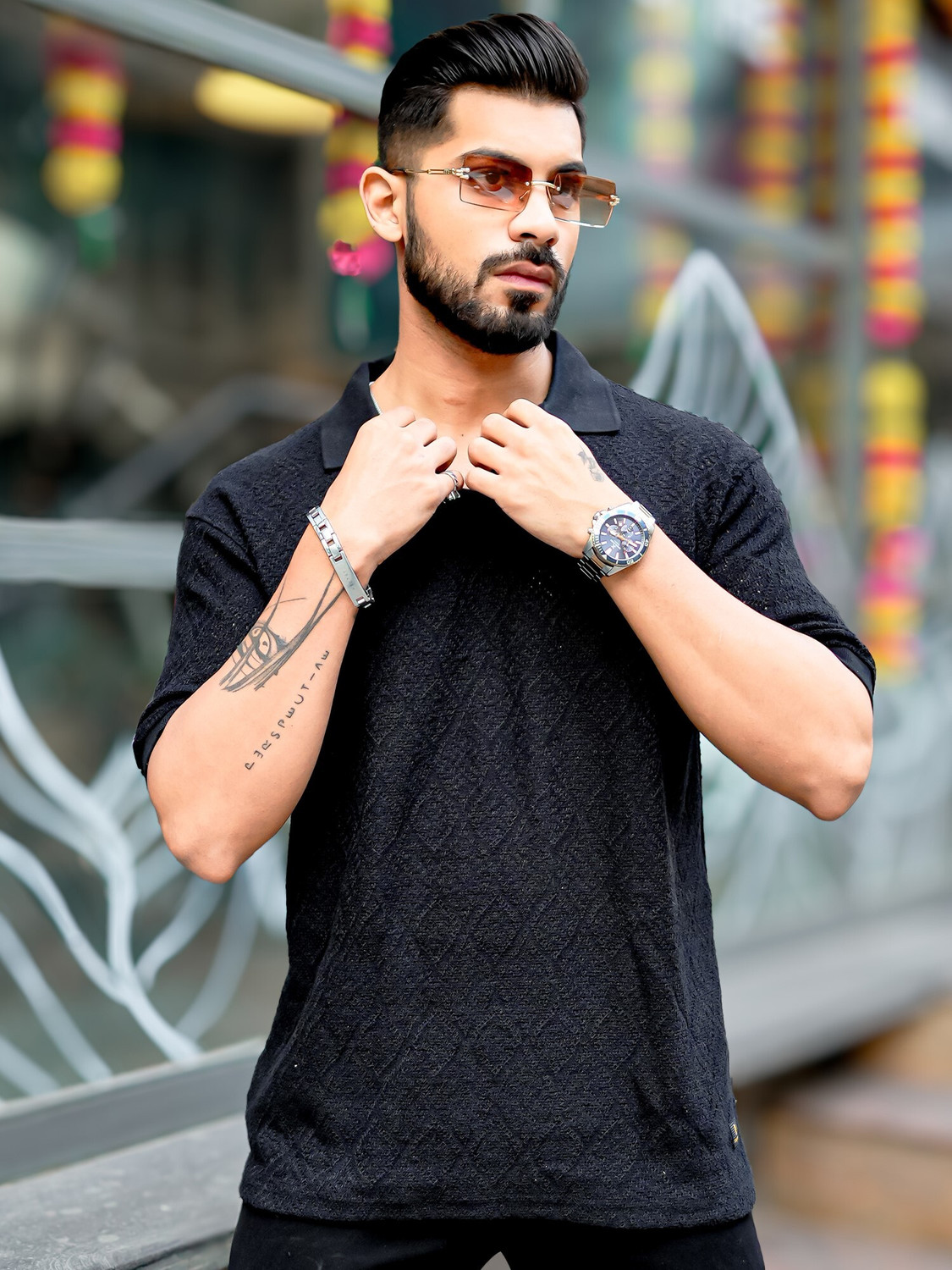 Image of MANIAC Men Solid Polo Neck Pure Cotton Black T-Shirt