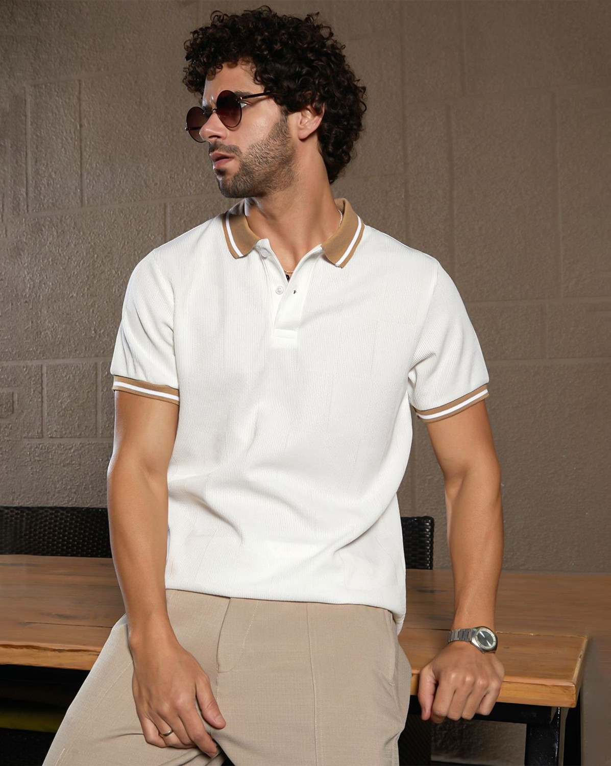 ENITOR Men Brown Polo Neck Cotton Blend T-Shirt - Image 1