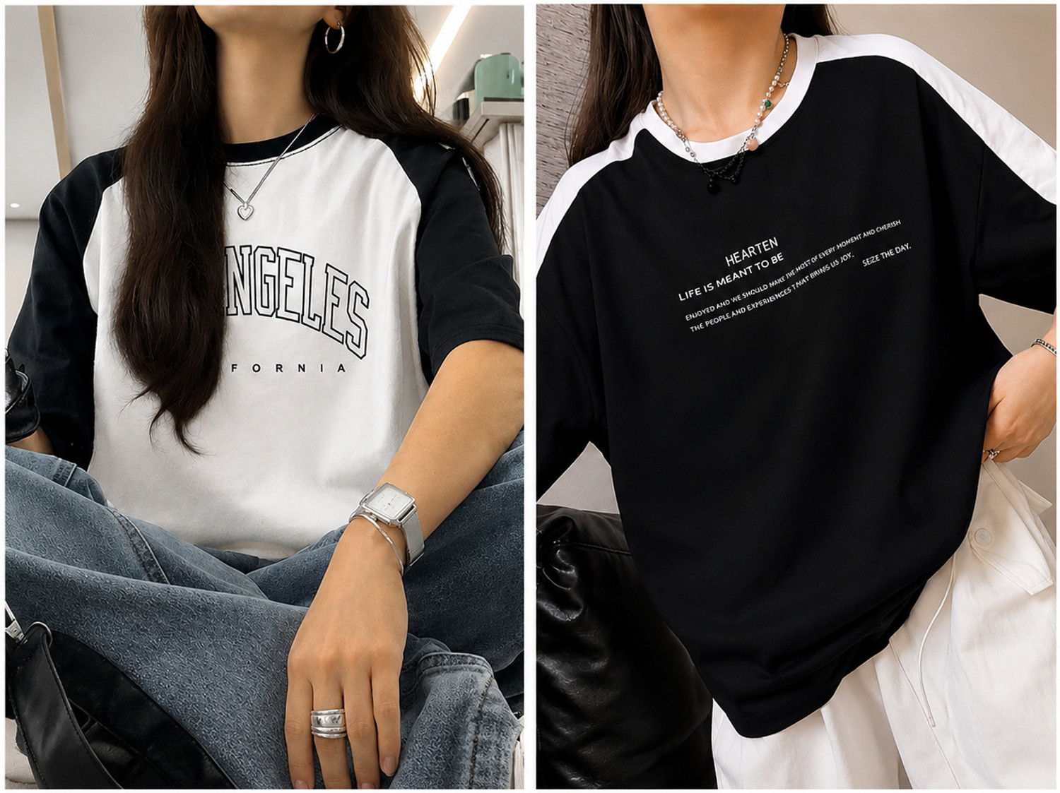 LOOKS Colorblock Women Round Neck Black, White T-Shirt - Image 6