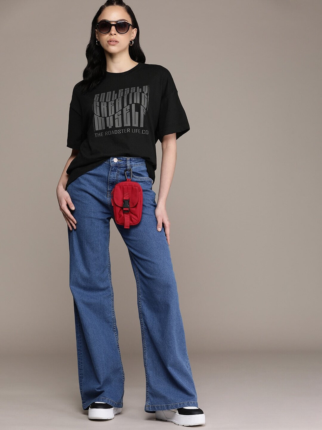Image of Roadster Women Printed Round Neck Cotton Blend Black T-Shirt