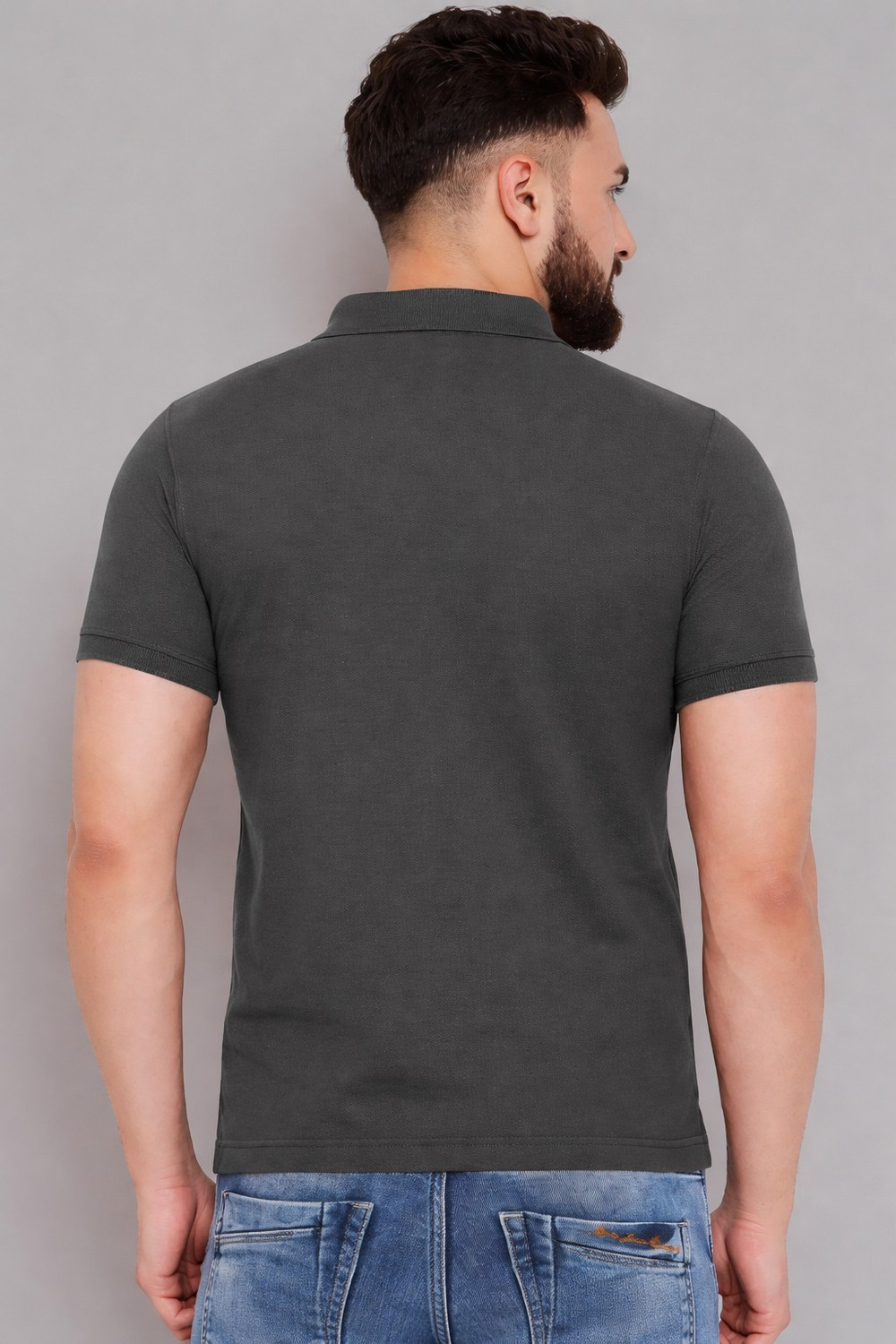 Image of LOOP STITCH Men Solid Polo Neck Polycotton Grey T-Shirt