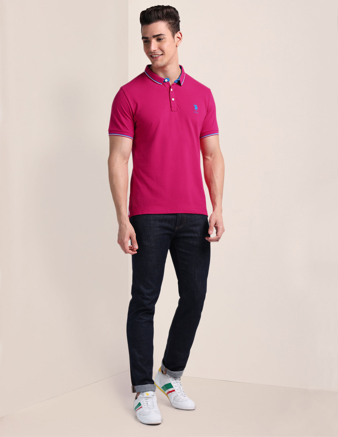 Image of U.S. POLO ASSN. Men Solid Polo Neck Pure Cotton Pink T-Shirt
