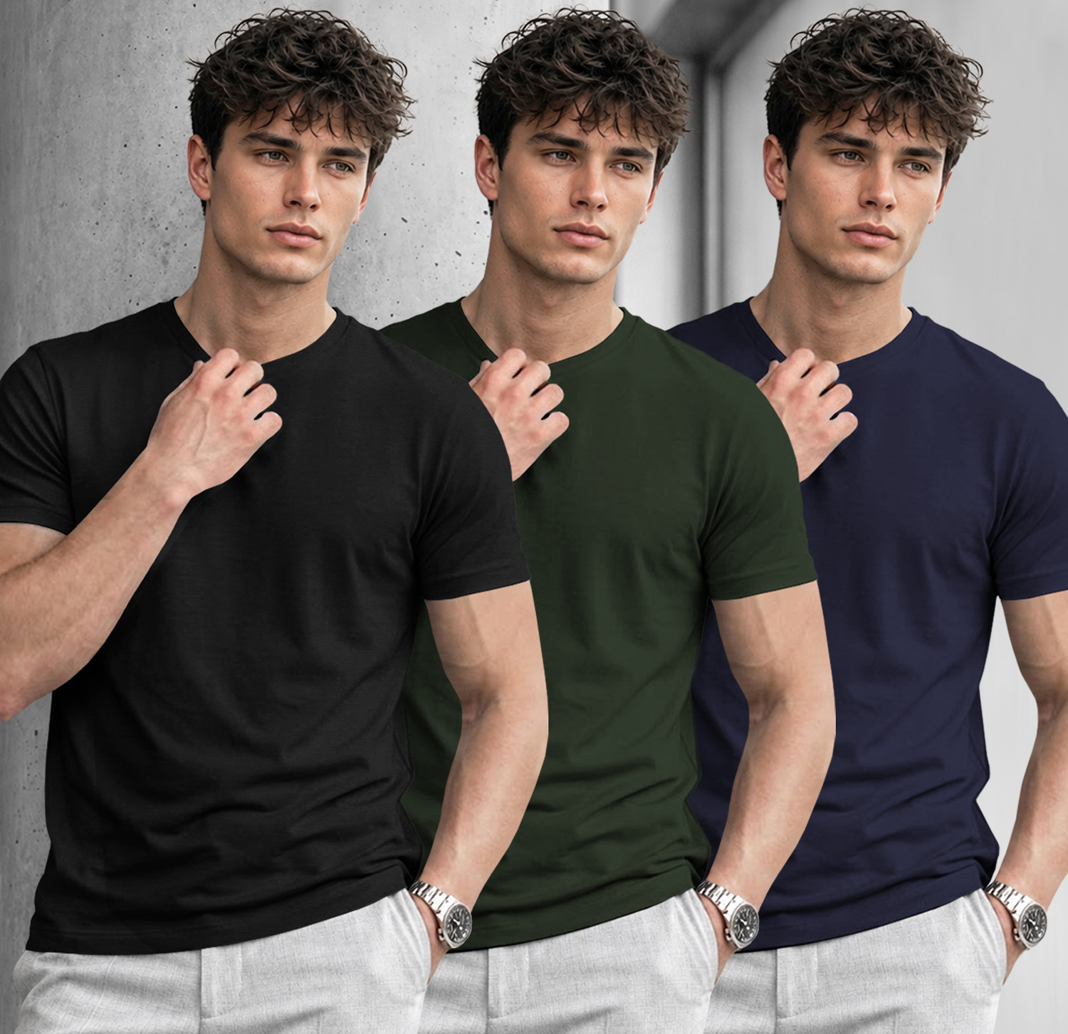 Image of TRIPR Men Solid Mandarin Collar Cotton Blend Beige T-Shirt