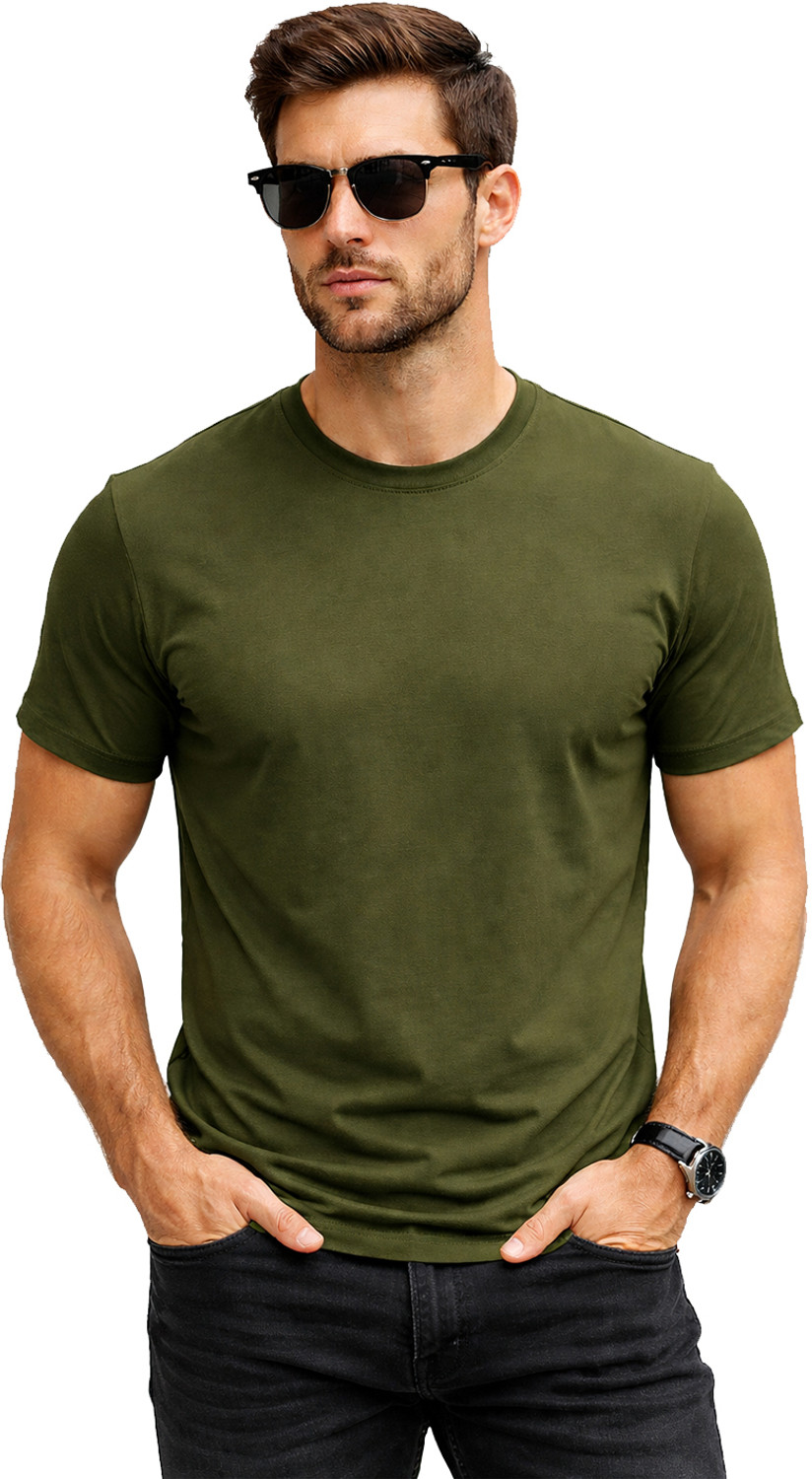 Image of AJNESH COLLECTION Men Solid Round Neck Cotton Blend Dark Green T-Shirt