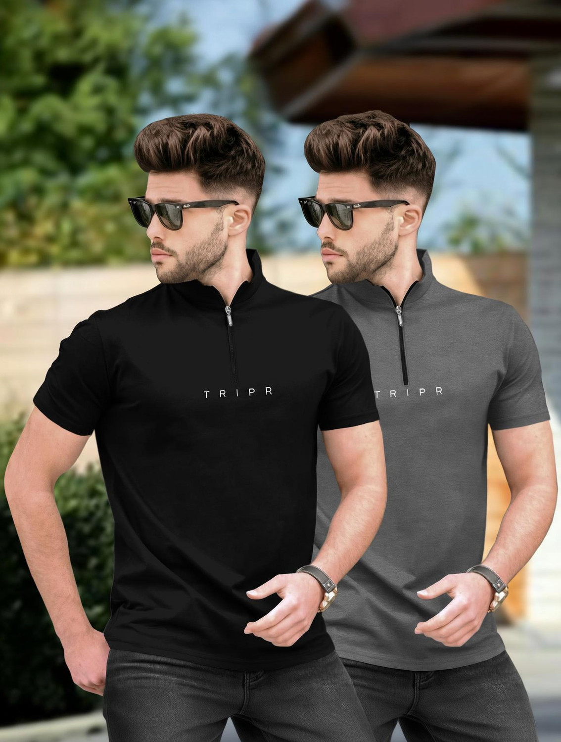 Image of TRIPR Men Solid Mandarin Collar Cotton Blend Navy Blue T-Shirt