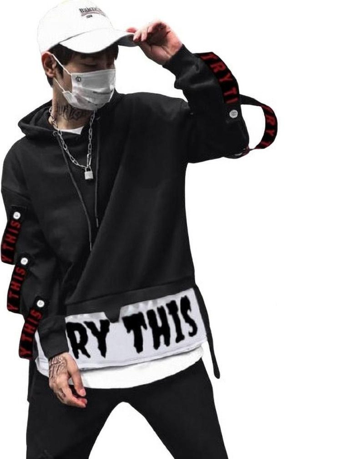 Try This Men Colorblock Hooded Black T-Shirt - Image 1