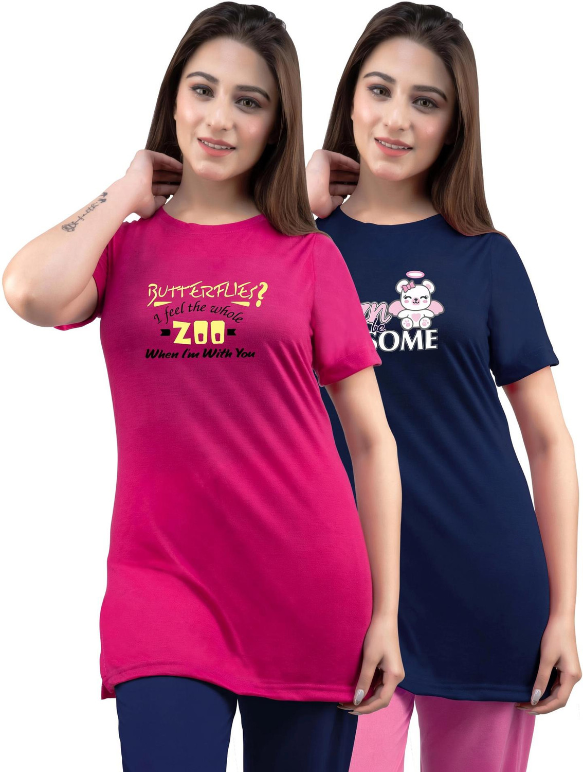 Image of TWF Pack of 2 Women Typography Round Neck Cotton Blend Maroon T-Shirt