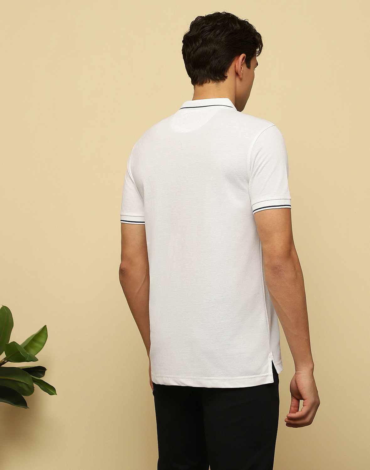 Image of VAN HEUSEN Men Solid Polo Neck Cotton Blend White T-Shirt