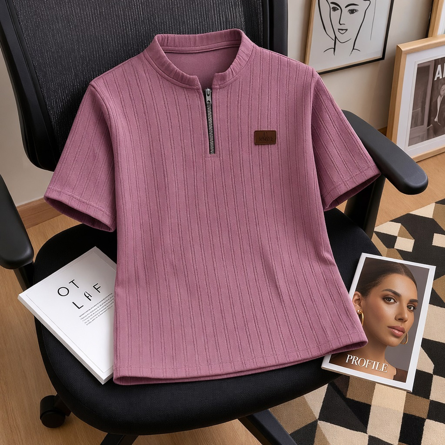 PRAIZY Men Pink Zip Neck T-Shirt - Image 4