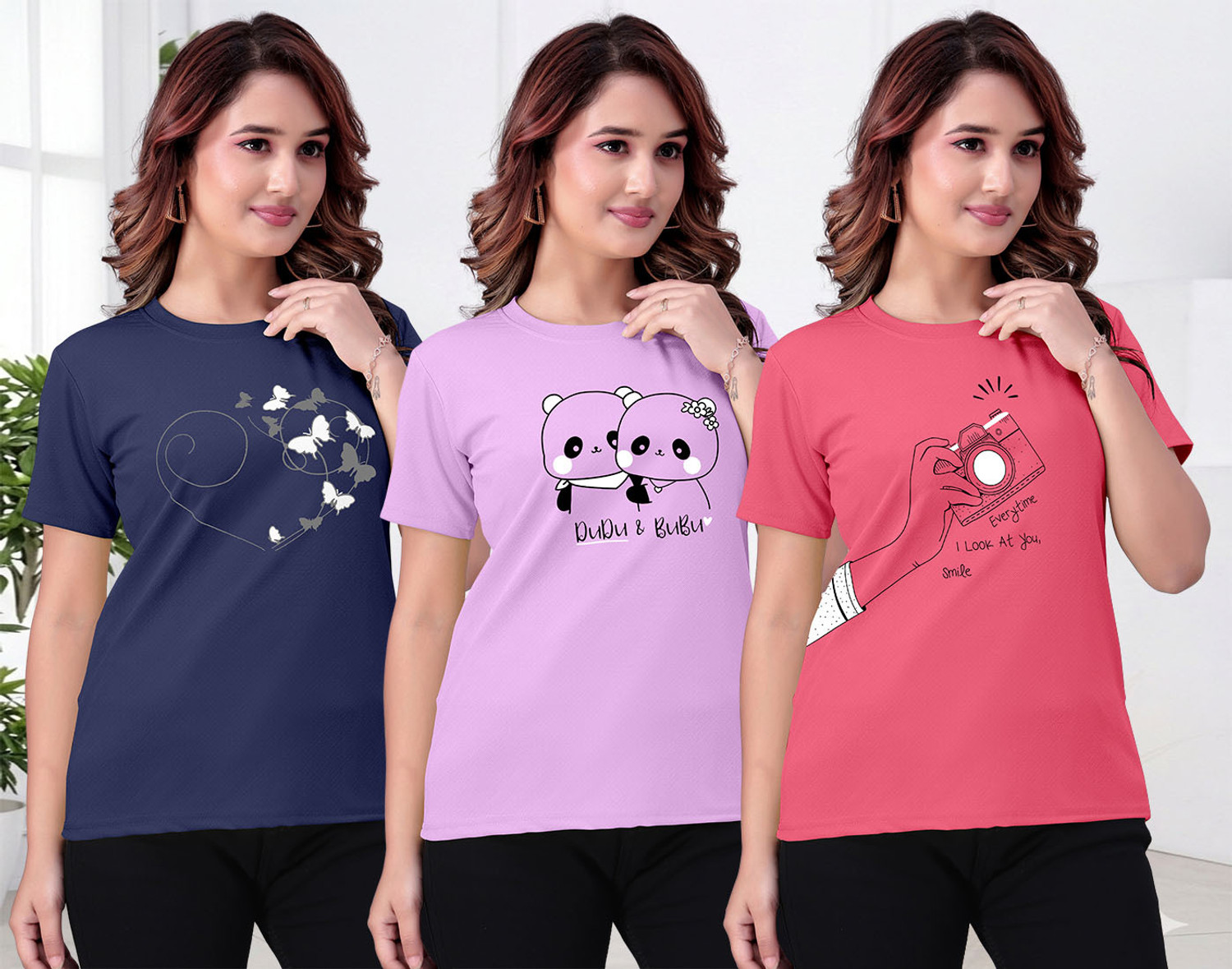 Image of ZentWorld Pack of 3 Women Printed Round Neck Cotton Blend Multicolor T-Shirt