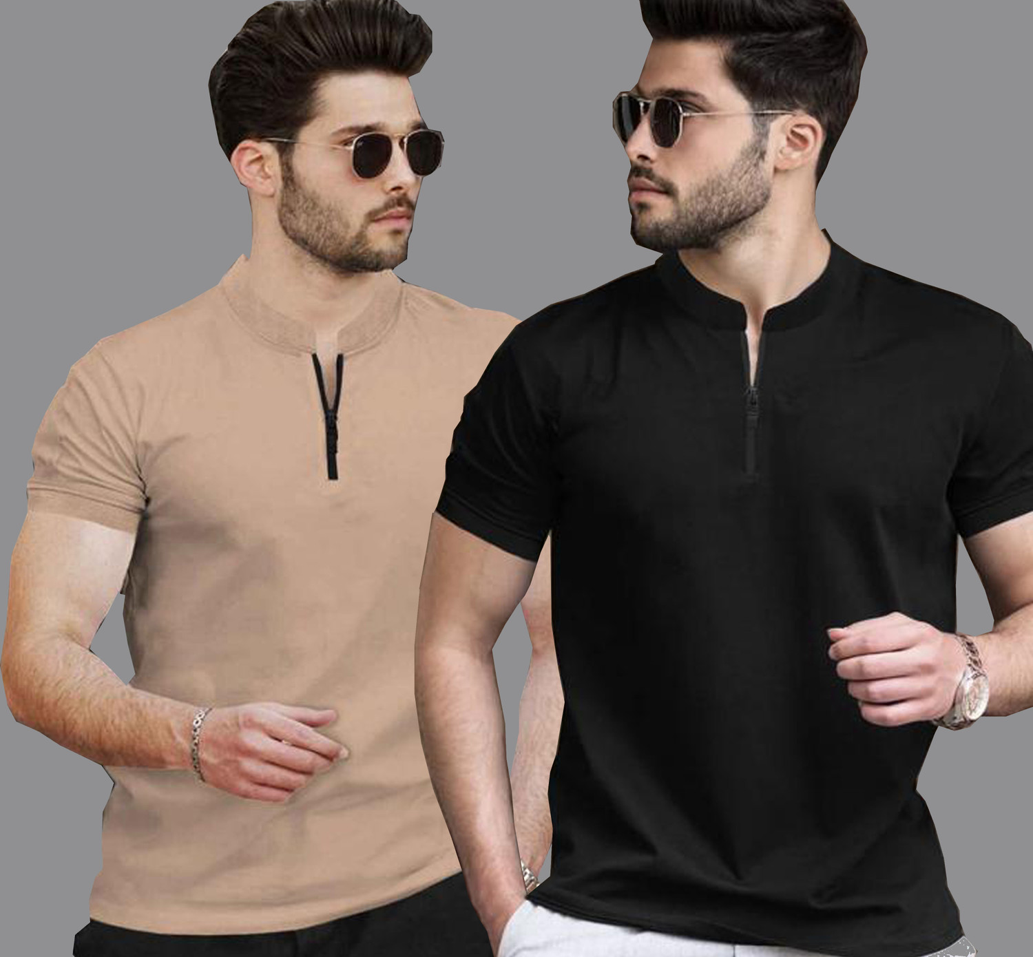 Image of TRIPR Men Solid Mandarin Collar Cotton Blend Black, White T-Shirt