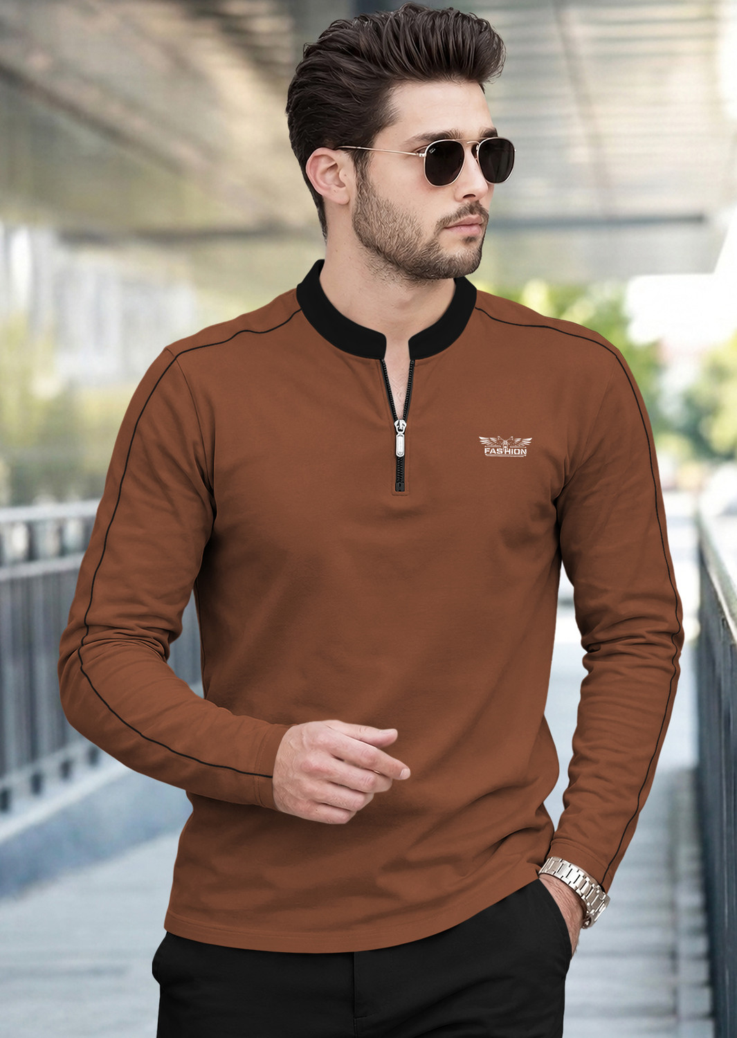 Image of TRIPR Men Solid Mandarin Collar Cotton Blend Dark Green T-Shirt