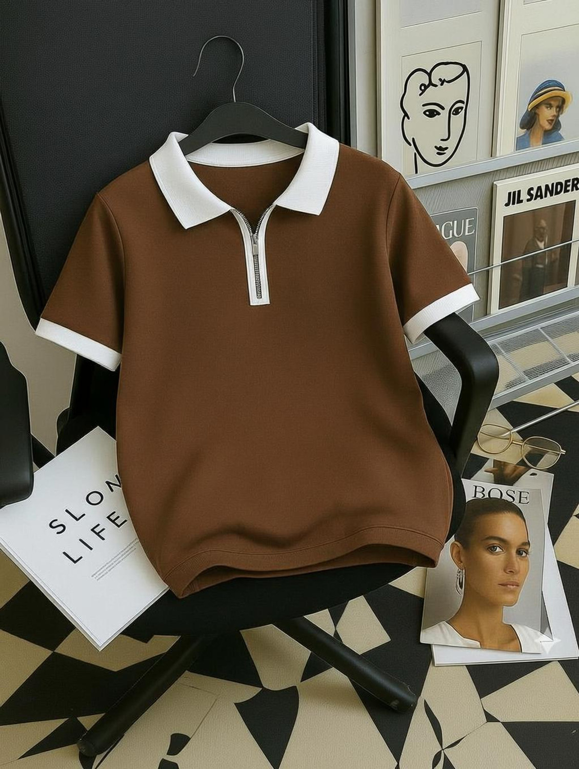 CrisPet Men Solid Zip Neck Polyester Brown T-Shirt - Image 1