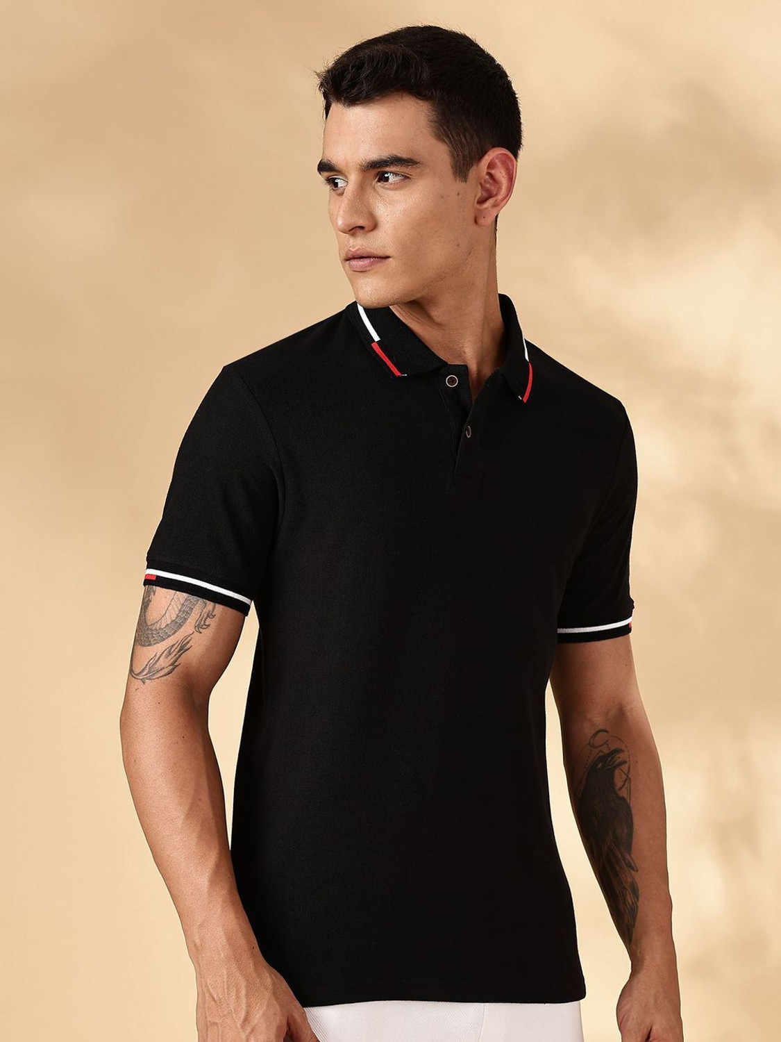 Image of Mast & Harbour Men Solid Polo Neck Pure Cotton Black T-Shirt