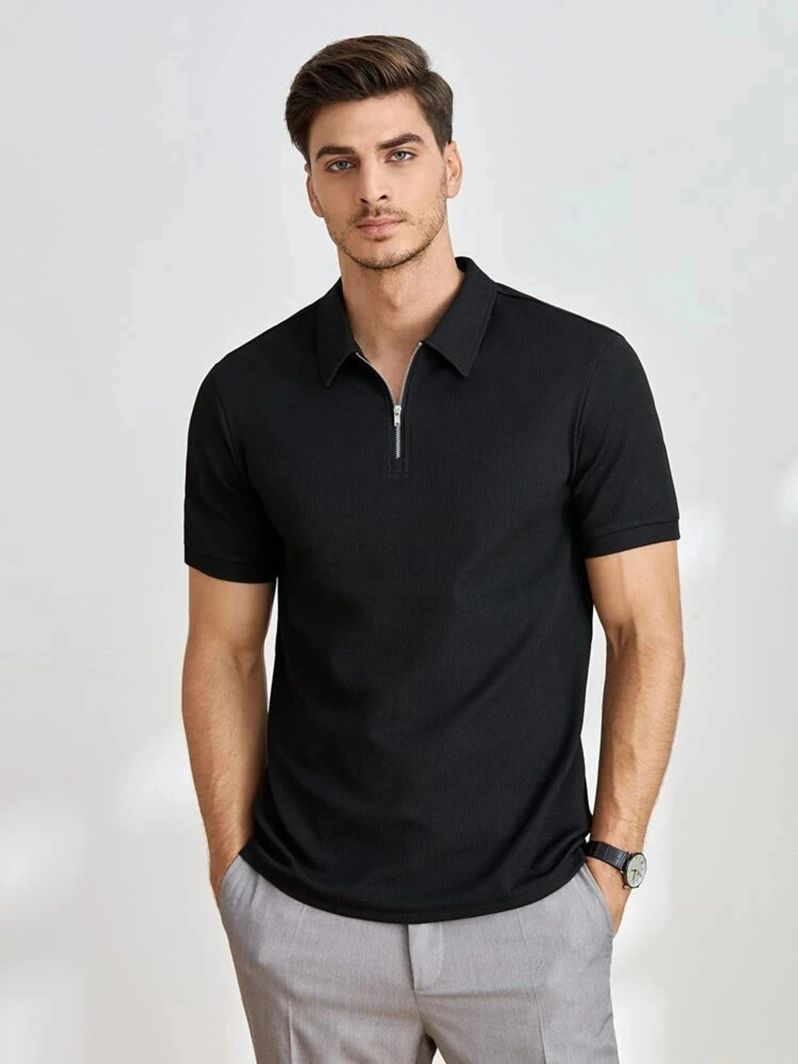 Image of TRIPR Men Solid Mandarin Collar Cotton Blend Black T-Shirt