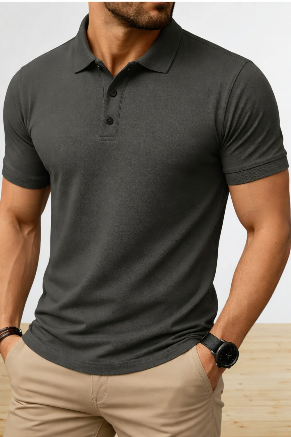 Image of LOOP STITCH Men Solid Polo Neck Polycotton Grey T-Shirt