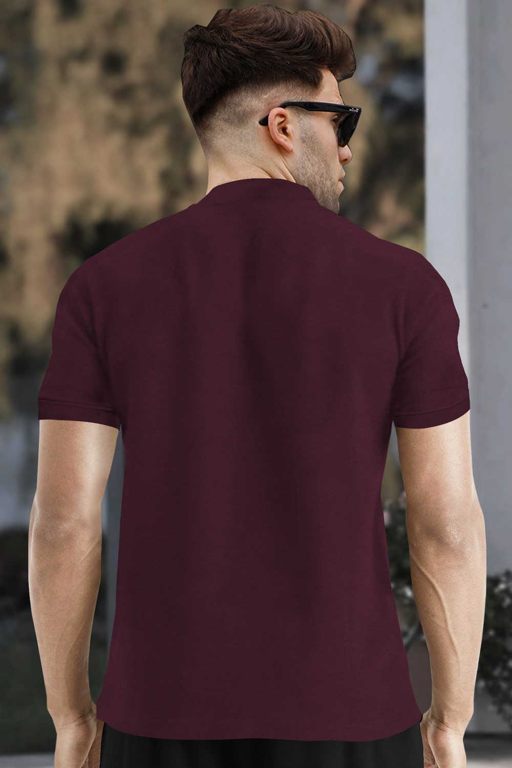 Image of TRIPR Men Solid Mandarin Collar Cotton Blend Maroon T-Shirt