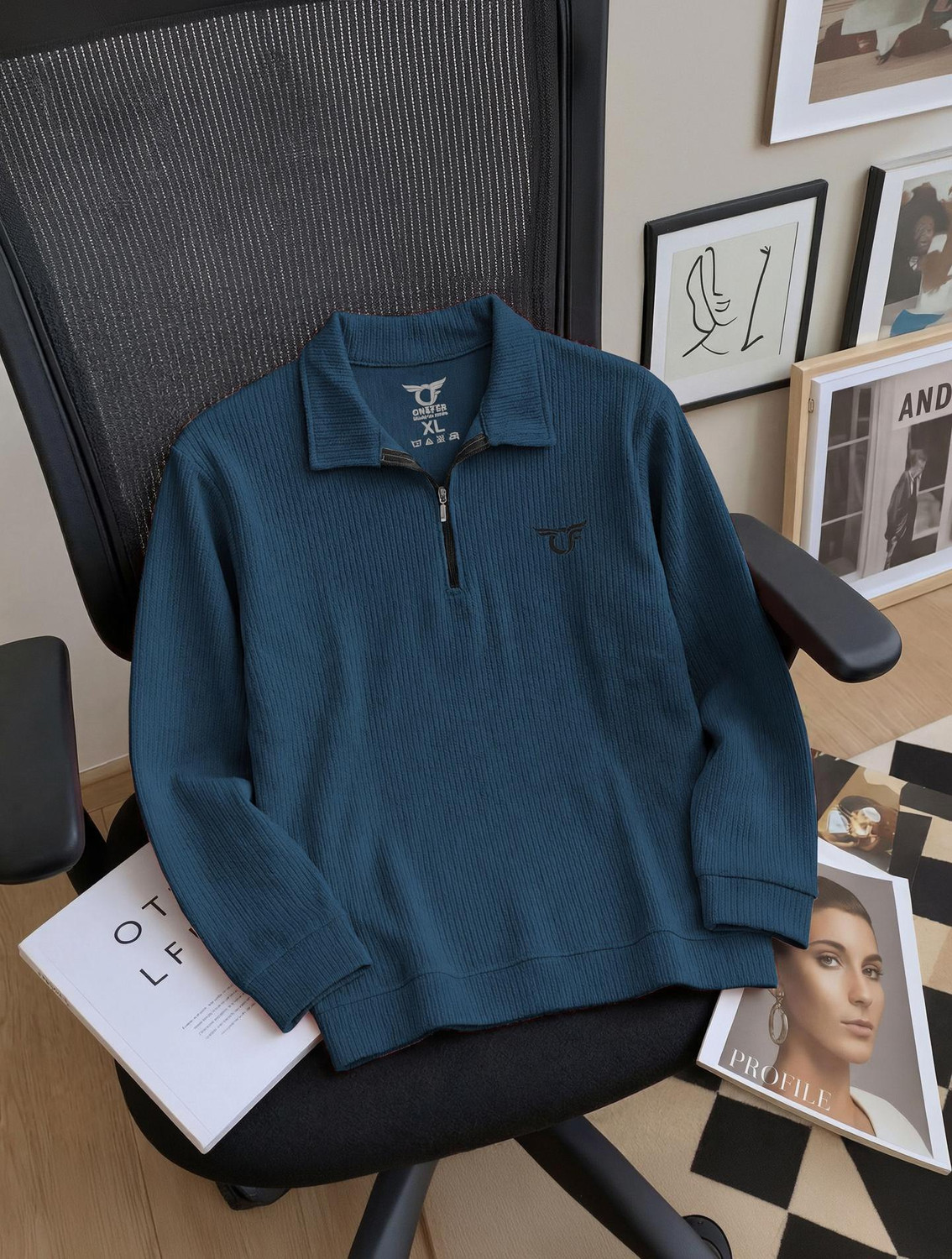 FUZER Men Solid Polo Neck Polyester Blue T-Shirt - Image 1