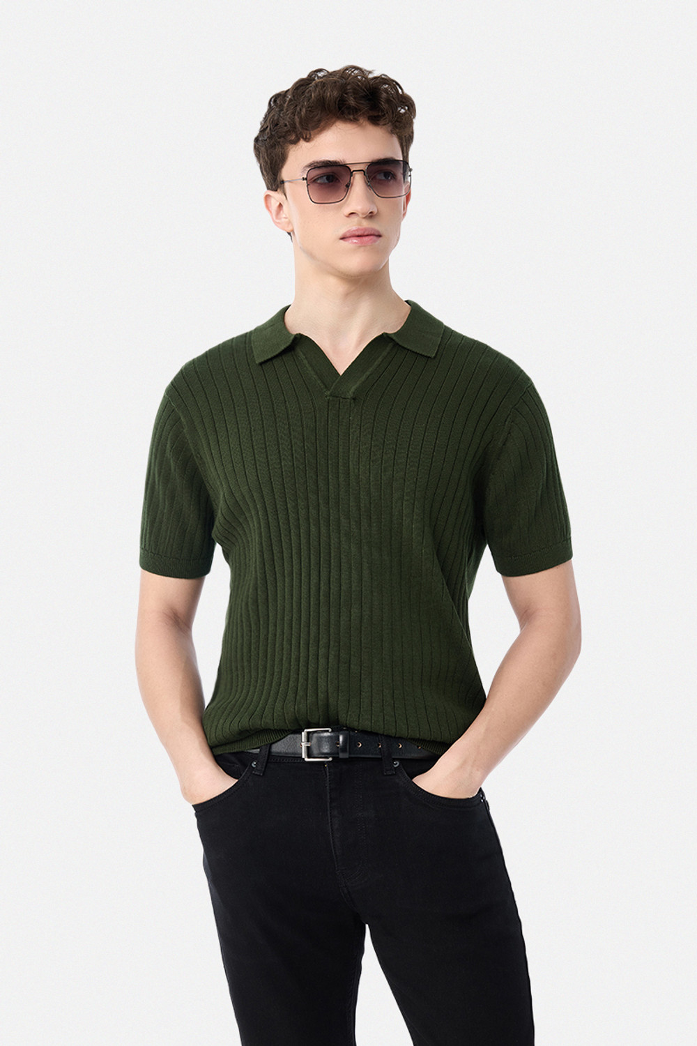 Snitch Men Solid Polo Neck Pure Cotton Green T-Shirt - Image 1