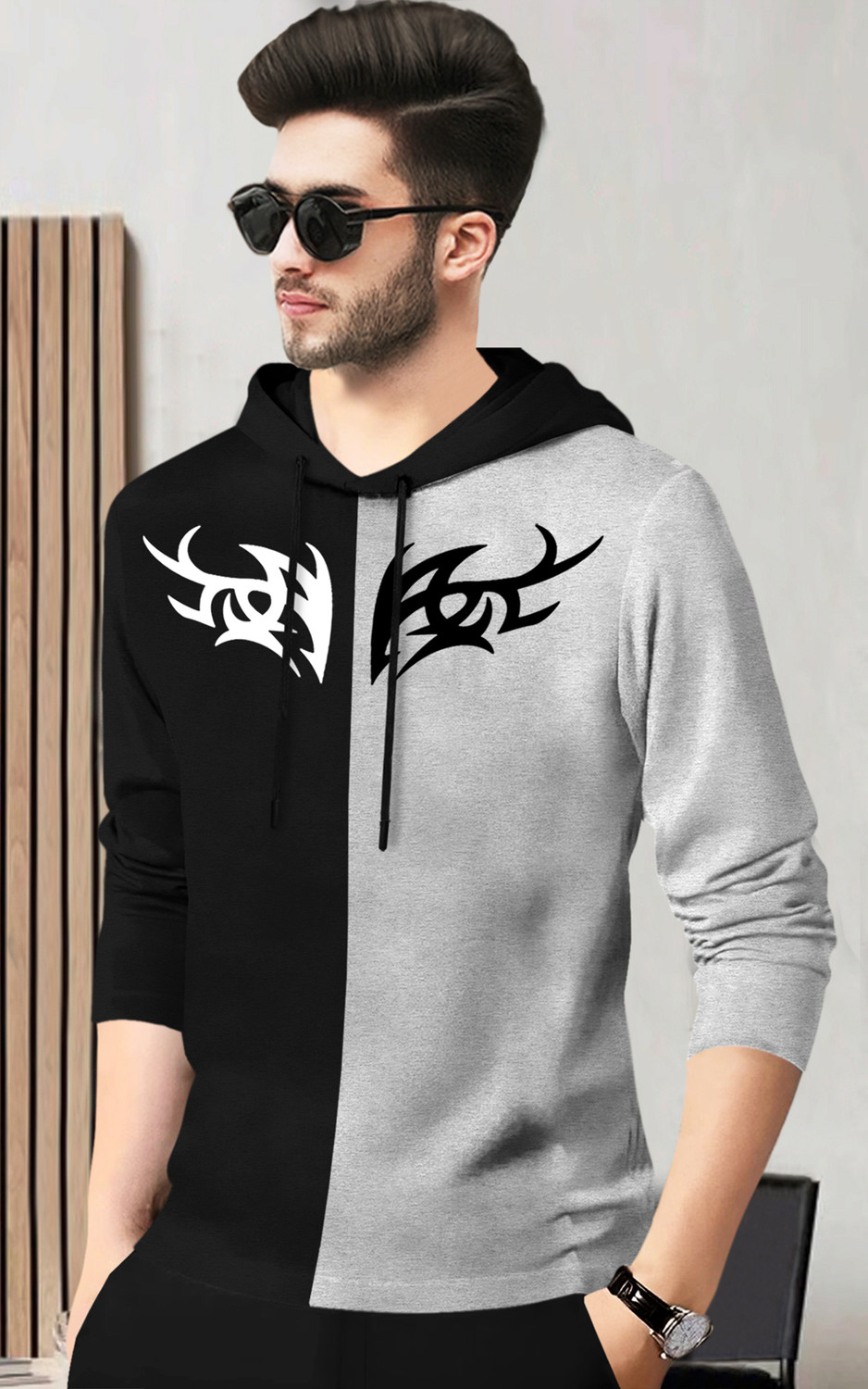 Image of BLIVE Men Printed Hooded Neck Cotton Blend Black, Grey T-Shirt