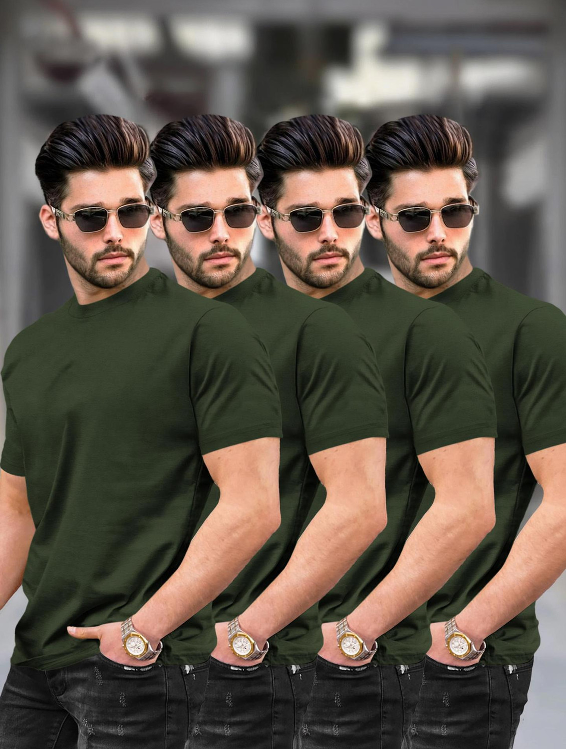 Image of AJNESH COLLECTION Men Solid Round Neck Cotton Blend Dark Green T-Shirt