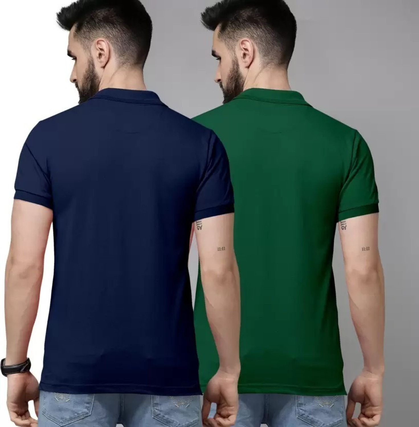 Image of balker merka Pack of 2 Men Solid Polo Neck Cotton Blend Blue, Dark Green T-Shirt