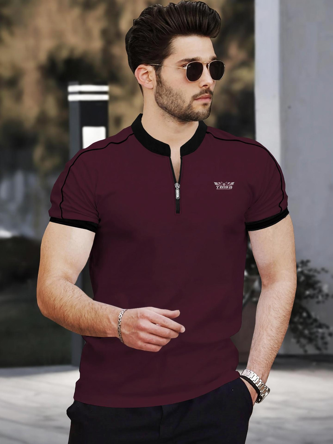 Image of TRIPR Men Solid Mandarin Collar Cotton Blend Black, White T-Shirt