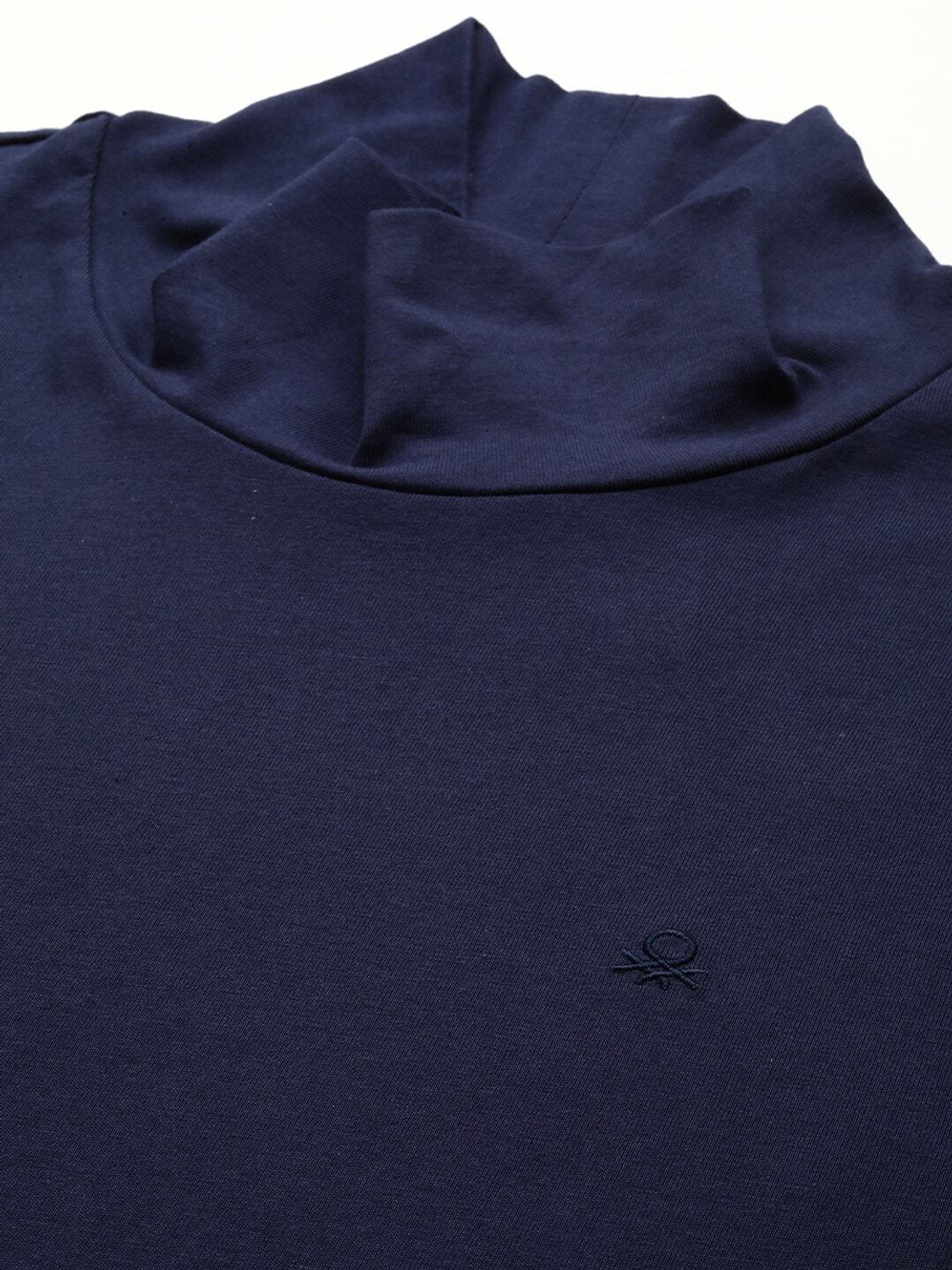 Image of United Colors of Benetton Men Solid High Neck Pure Cotton Navy Blue T-Shirt