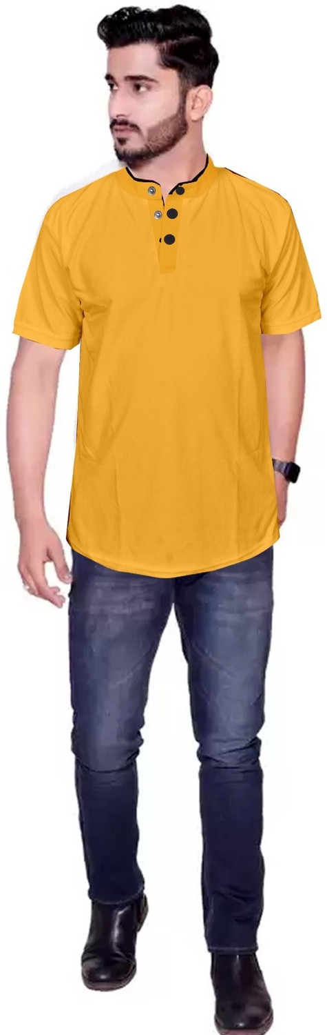 Image of Krivox Men Self Design Mandarin Collar Polyester Yellow T-Shirt