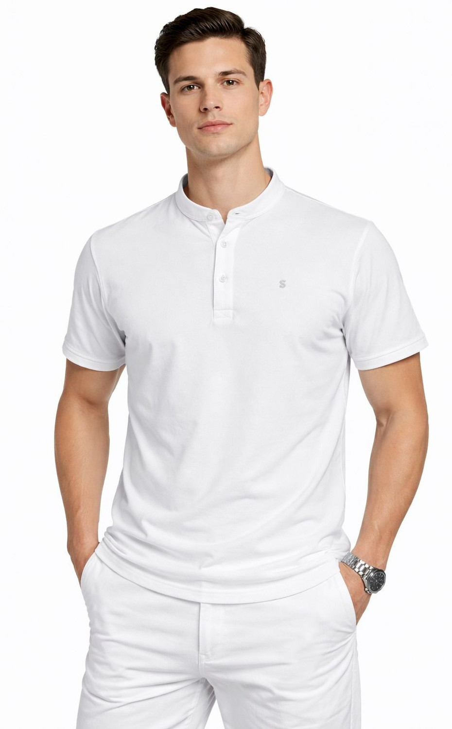Image of The Modern Soul Men Solid Henley Neck Cotton Blend White T-Shirt