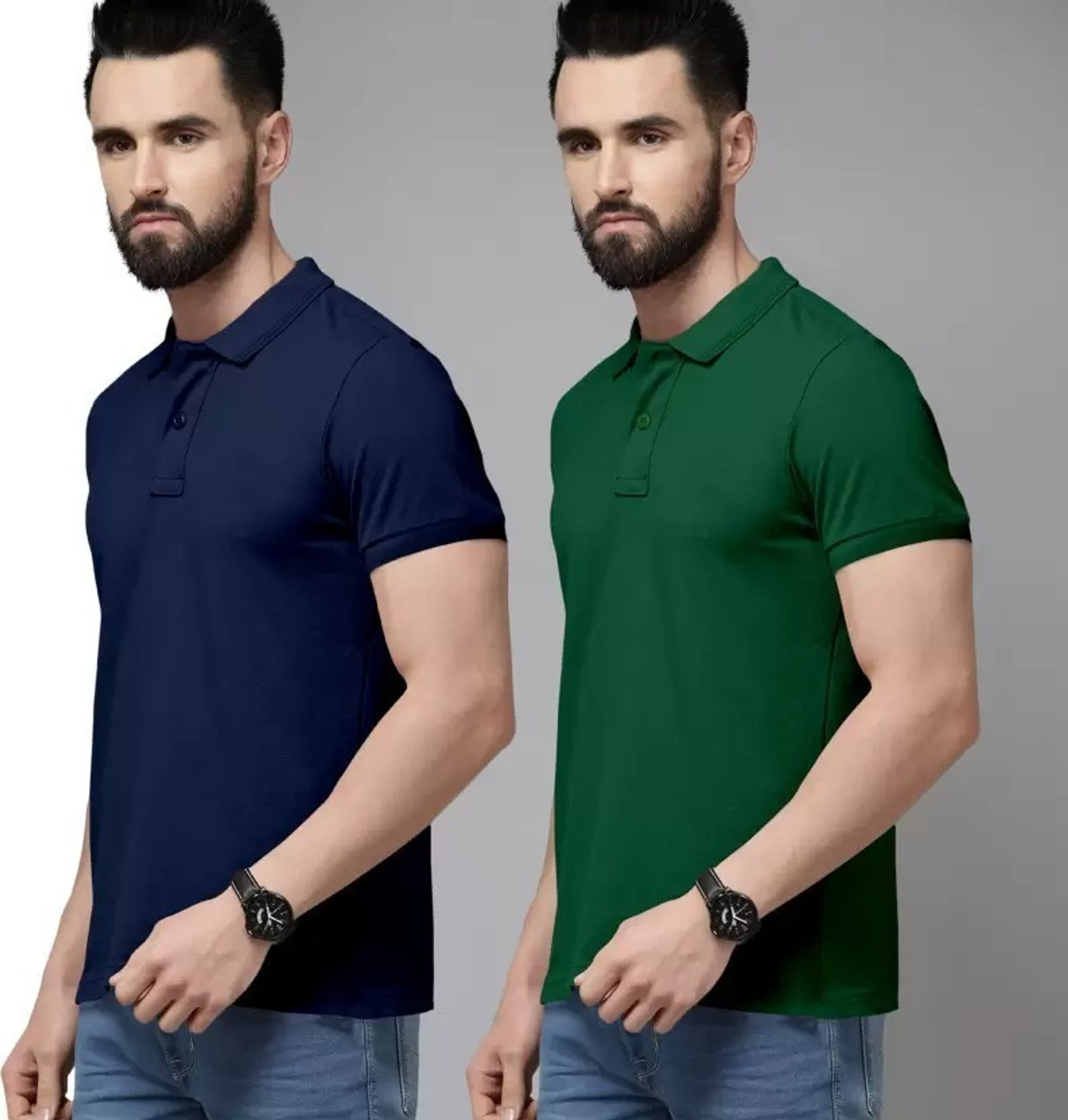 Image of balker merka Pack of 2 Men Solid Polo Neck Cotton Blend Blue, Dark Green T-Shirt