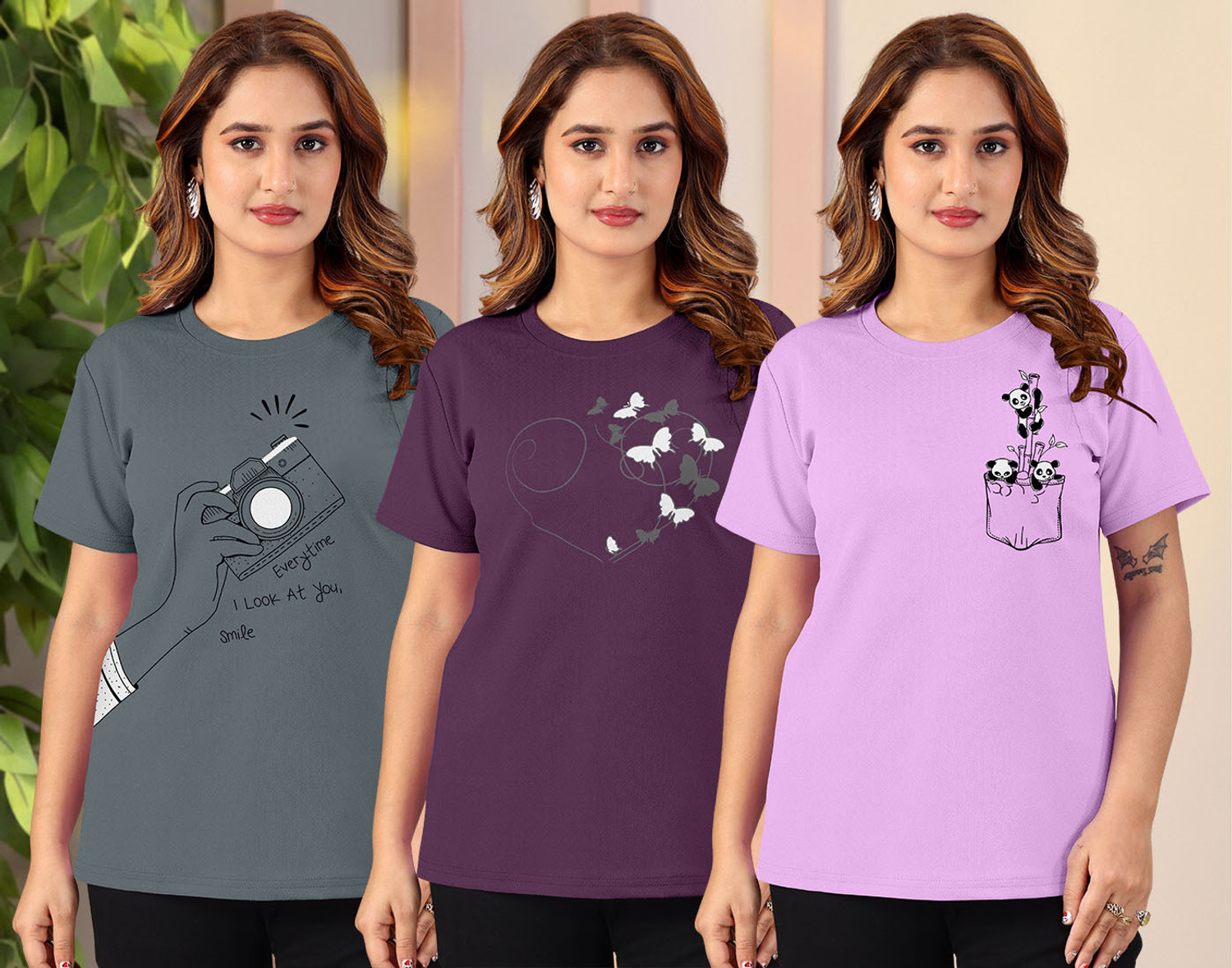 Image of ZentWorld Pack of 3 Women Printed Round Neck Cotton Blend Multicolor T-Shirt