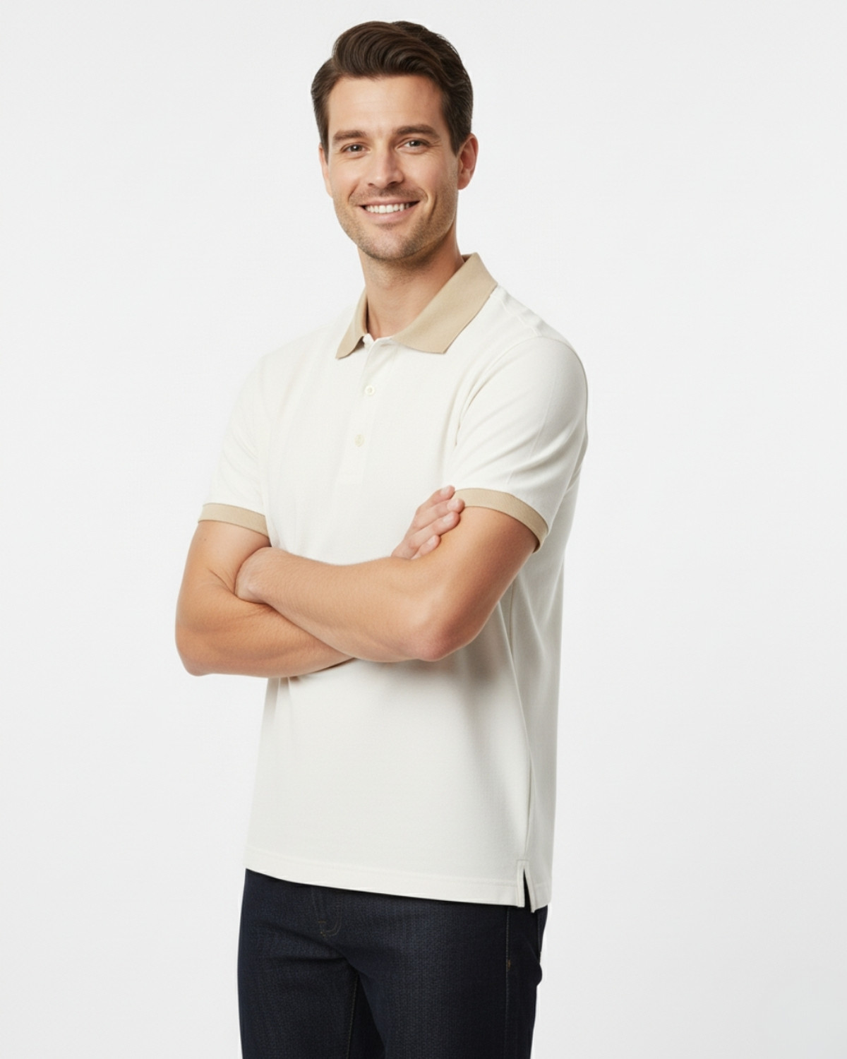 Image of Rikaro Men Solid Polo Neck Cotton Blend White T-Shirt