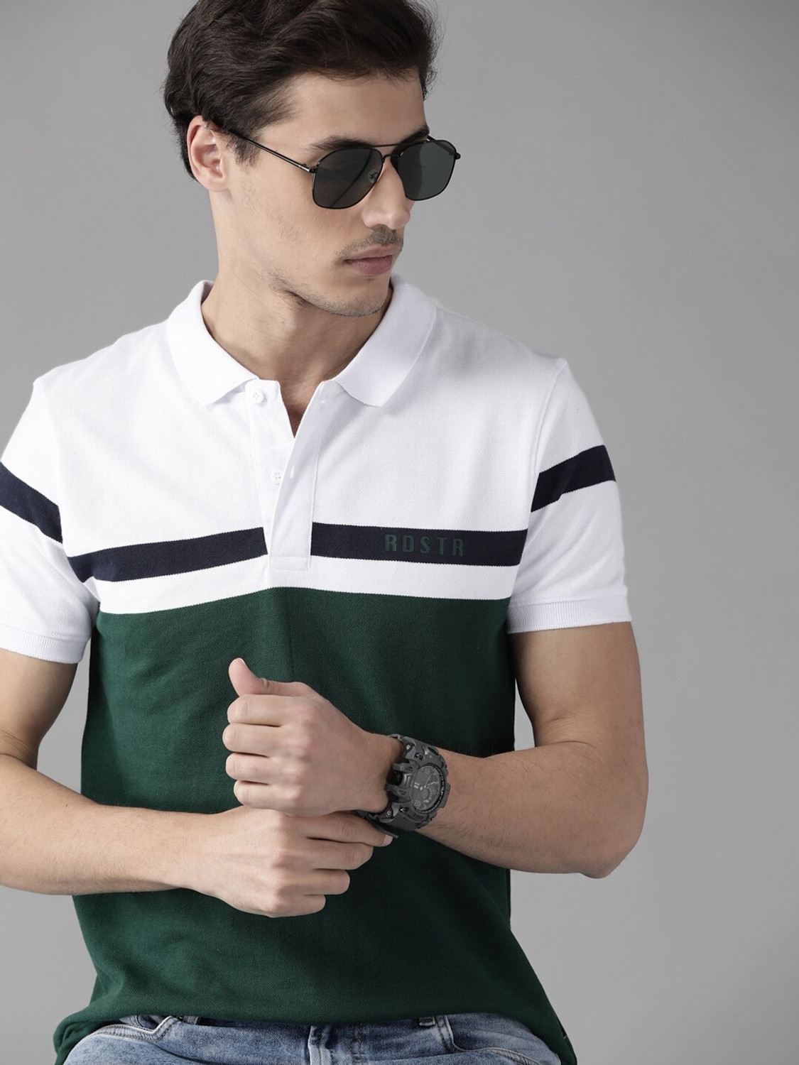 Image of Roadster Men Colorblock Polo Neck Pure Cotton Green T-Shirt
