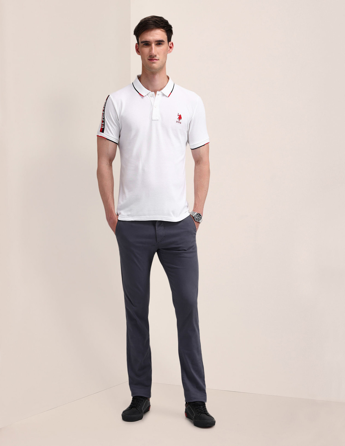 Image of U.S. POLO ASSN. Men Solid Polo Neck Pure Cotton White T-Shirt