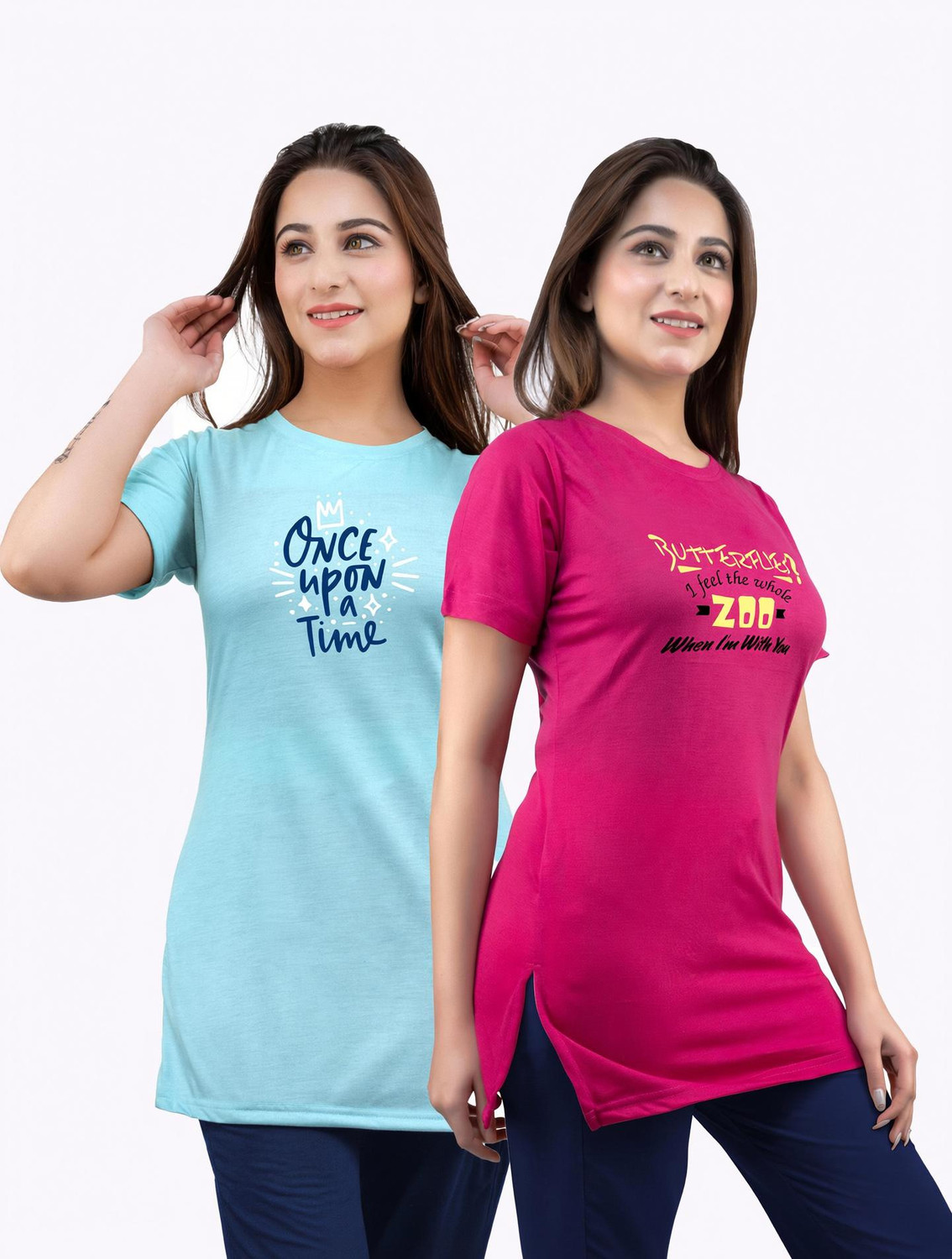Image of URBE-URBAN EVOLUTION Pack of 2 Women Printed Round Neck Cotton Blend Green T-Shirt