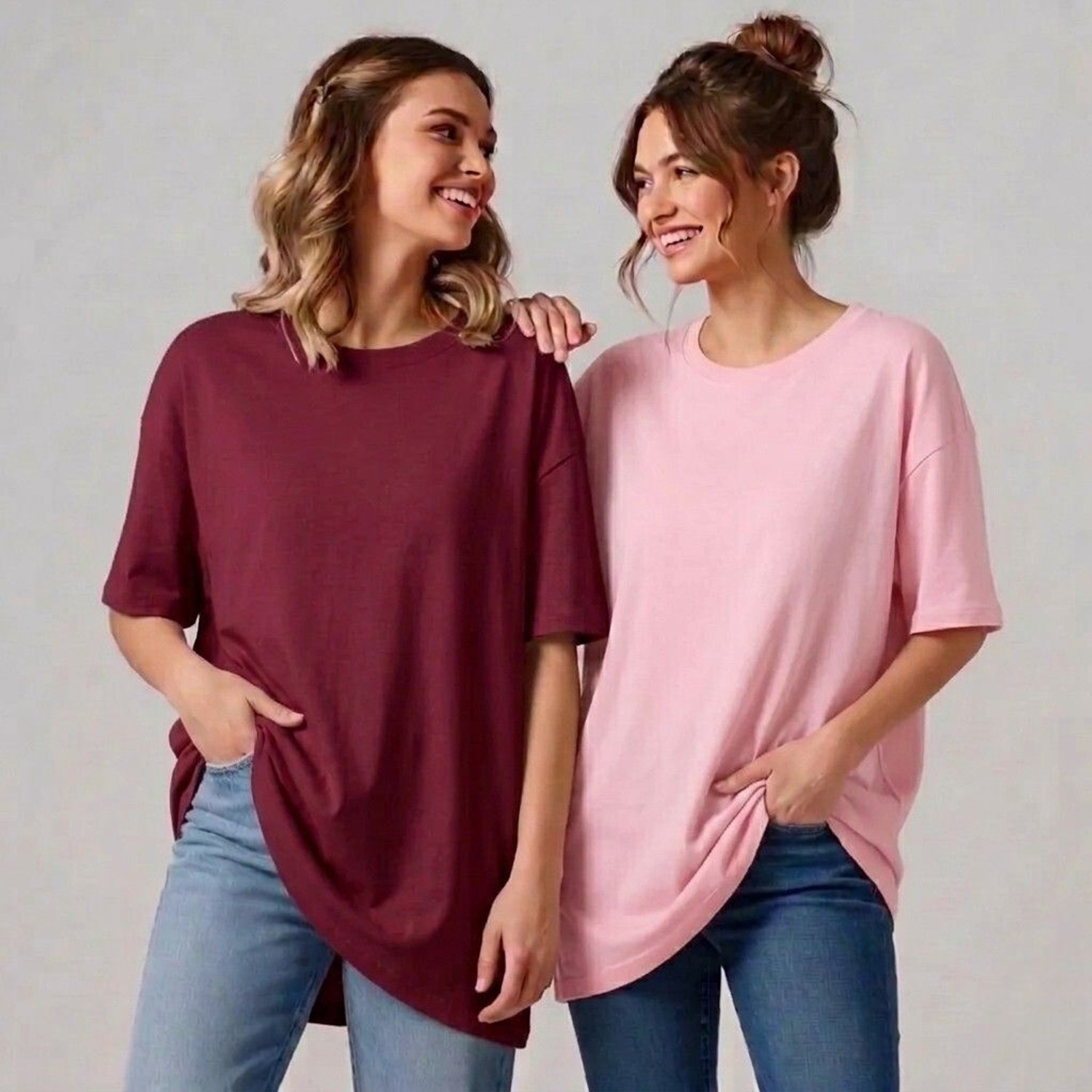 Image of ADIXUS Pack of 2 Women Solid Round Neck Polyester Maroon, White T-Shirt
