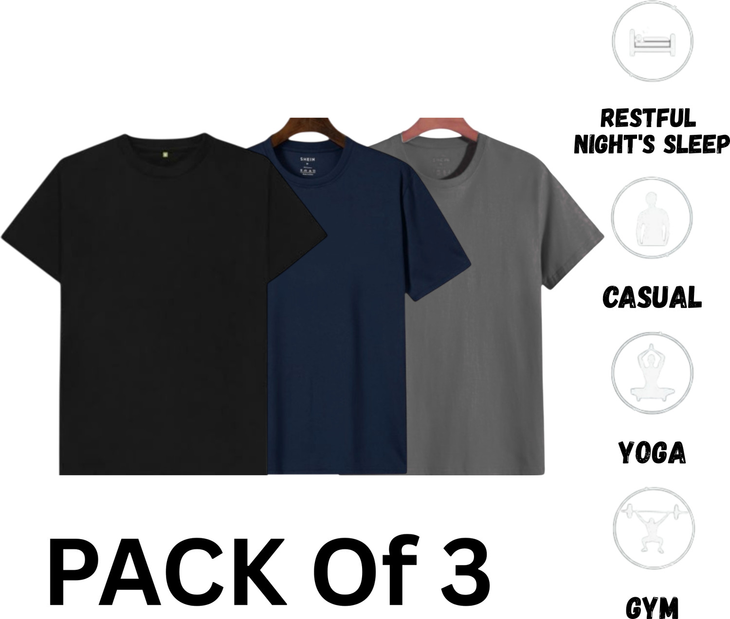 Image of TTFE Pack of 3 Men Solid Round Neck Polyester Black, Navy Blue, Grey T-Shirt