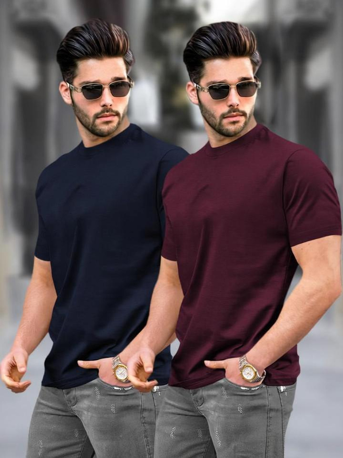 Image of TRIPR Men Solid Mandarin Collar Cotton Blend Pink, Black T-Shirt