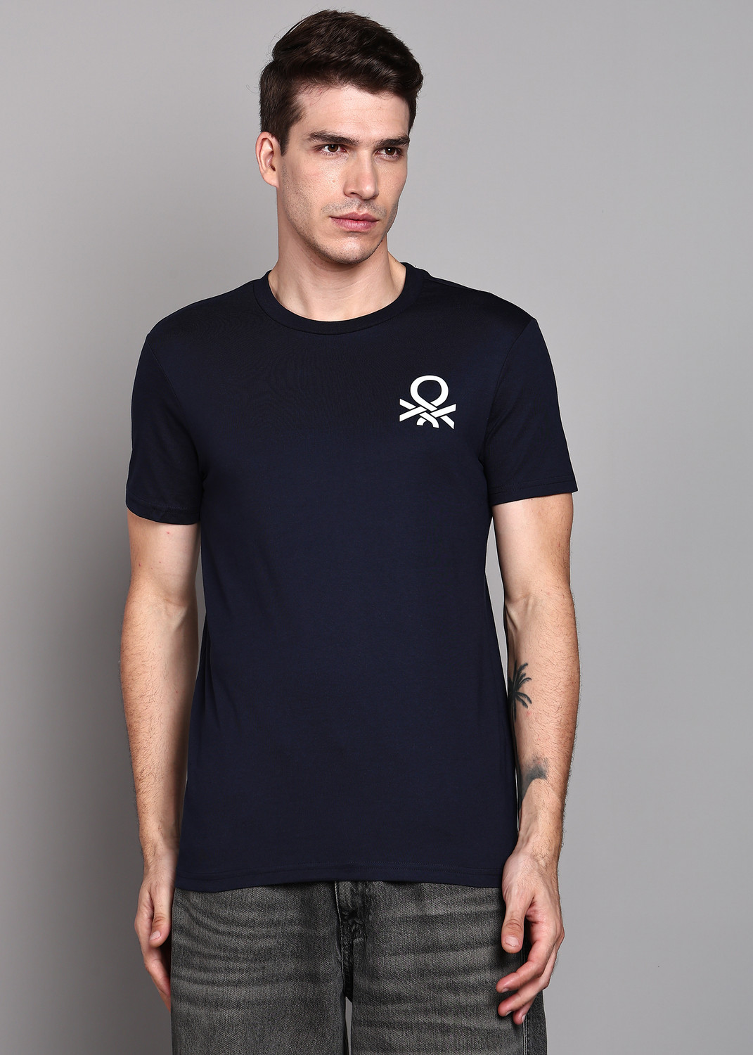 Image of United Colors of Benetton Men Solid High Neck Pure Cotton Navy Blue T-Shirt