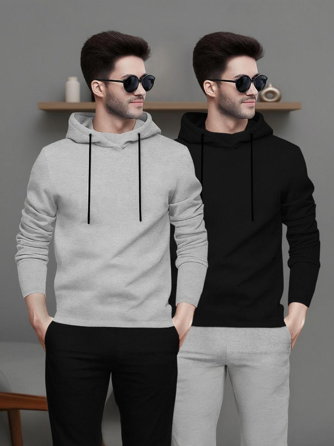 Image of BLIVE Men Printed Hooded Neck Cotton Blend Navy Blue, Yellow T-Shirt