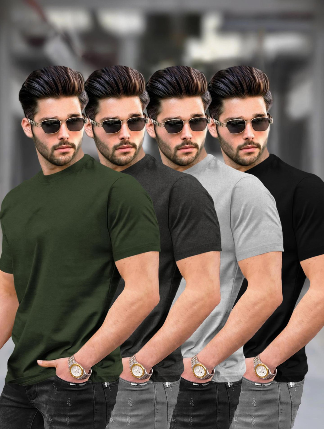 Image of TRIPR Men Solid Mandarin Collar Cotton Blend Dark Green T-Shirt