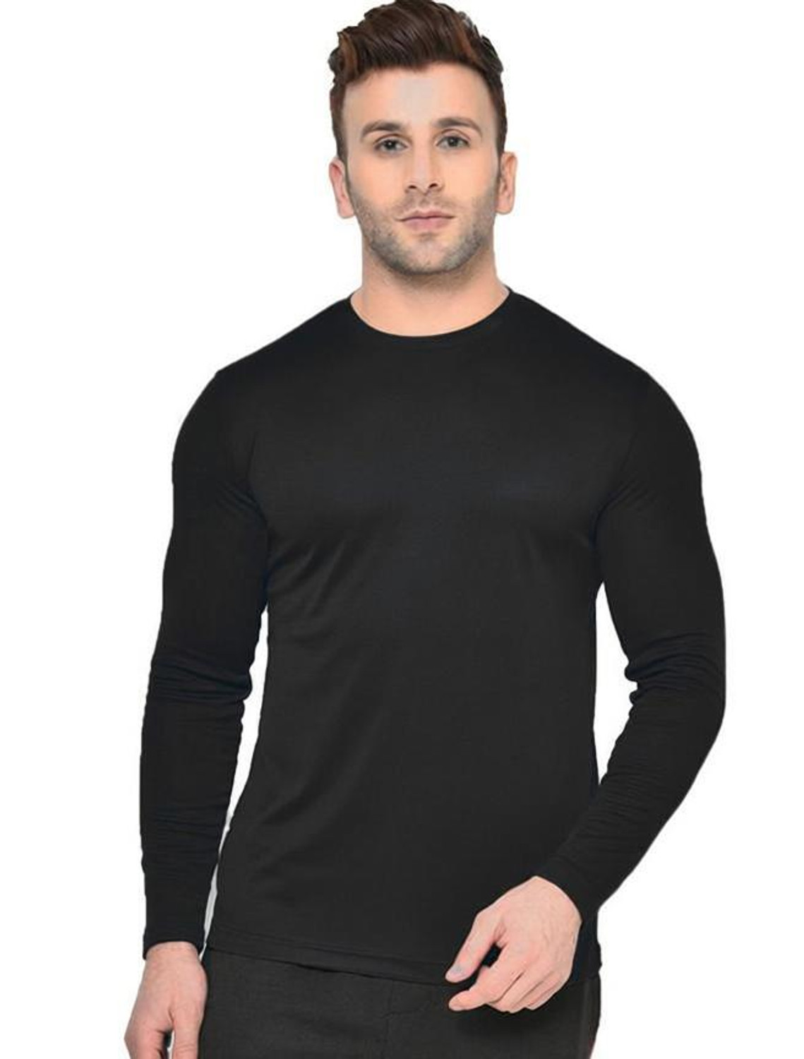 Image of Kyk Men Solid Round Neck Polyester Black T-Shirt