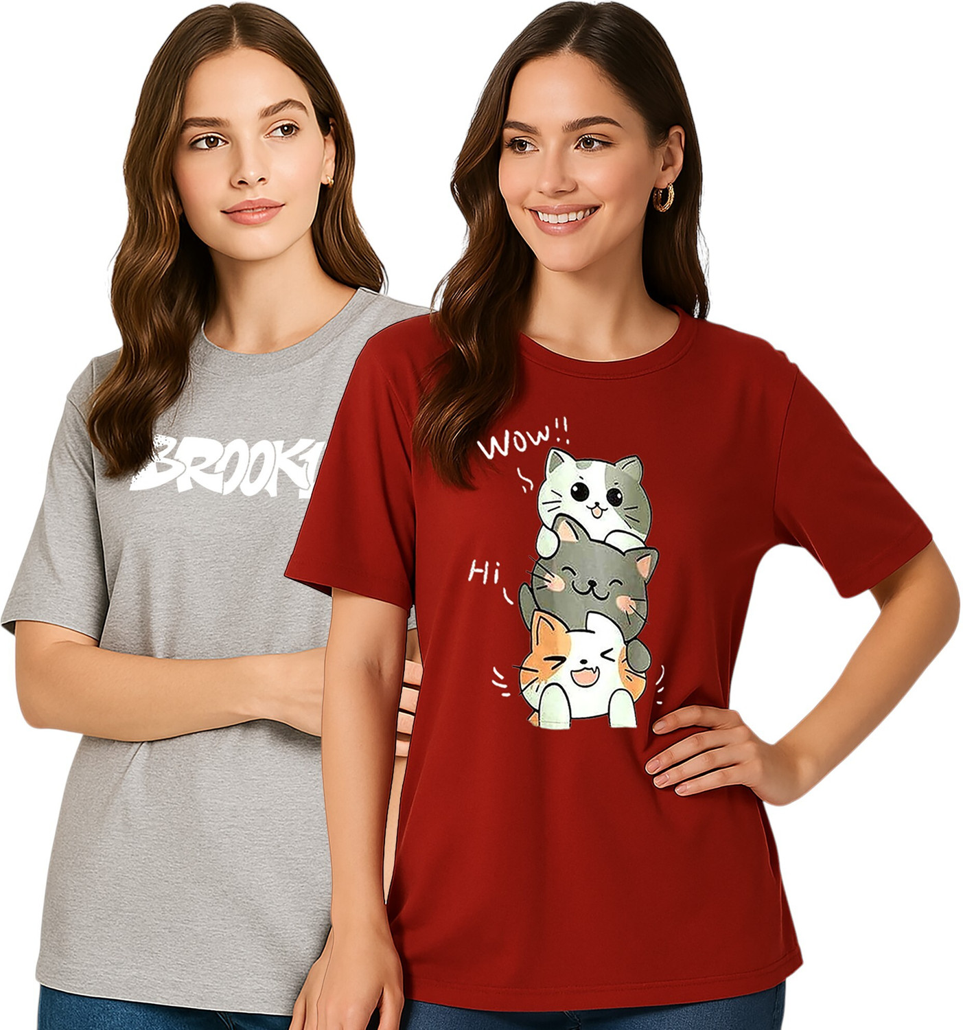 Image of ZentWorld Pack of 3 Women Printed Round Neck Cotton Blend Multicolor T-Shirt