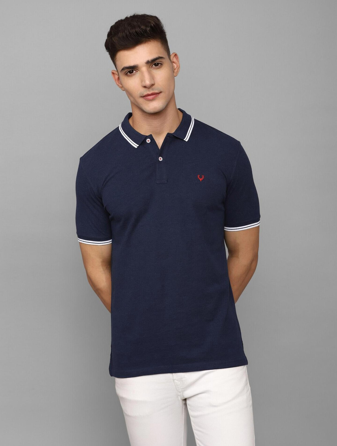 Allen Solly Men's Solid Polo Neck Pure Cotton Dark Blue T-Shirt - Image 1