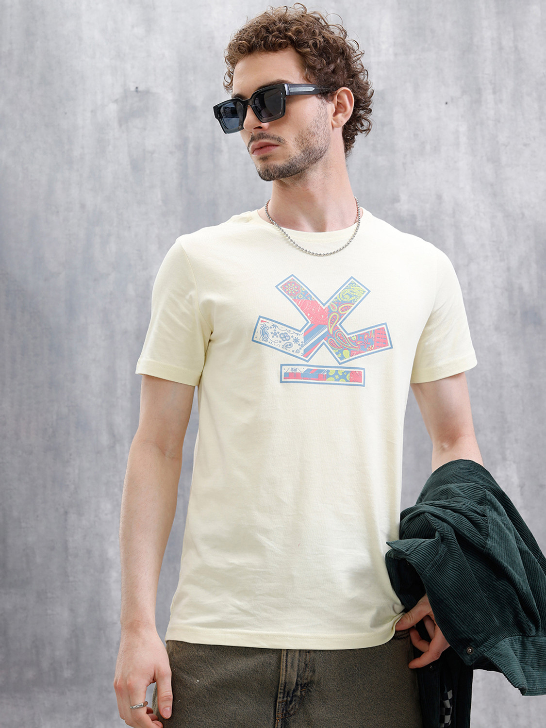 Image of WROGN Men Solid Crew Neck Pure Cotton Yellow T-Shirt