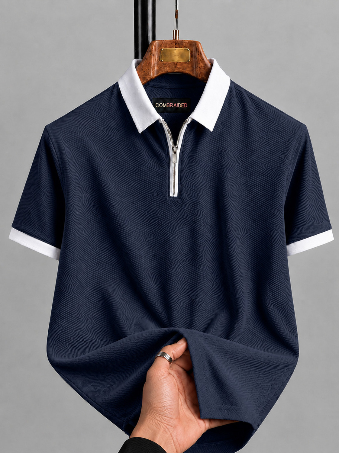 COMBRAIDED Men Black Polo Neck Polycotton T-Shirt - Image 1