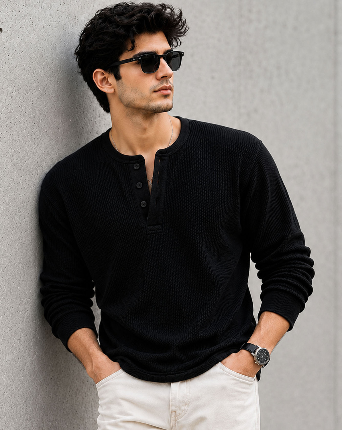 ENITOR Men Black Henley Neck Cotton Blend T-Shirt - Image 1