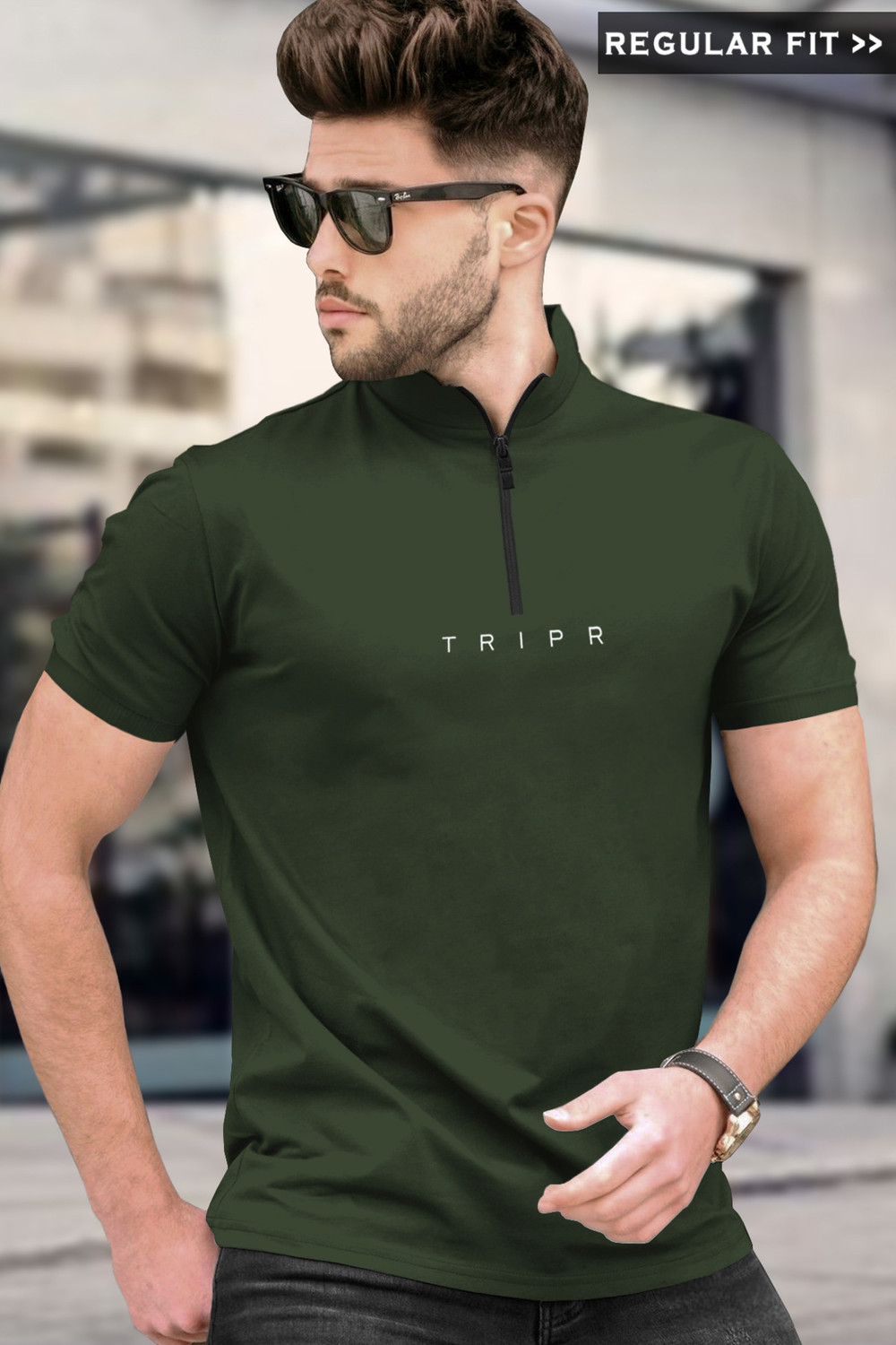 Image of TRIPR Men Solid Mandarin Collar Cotton Blend Green T-Shirt