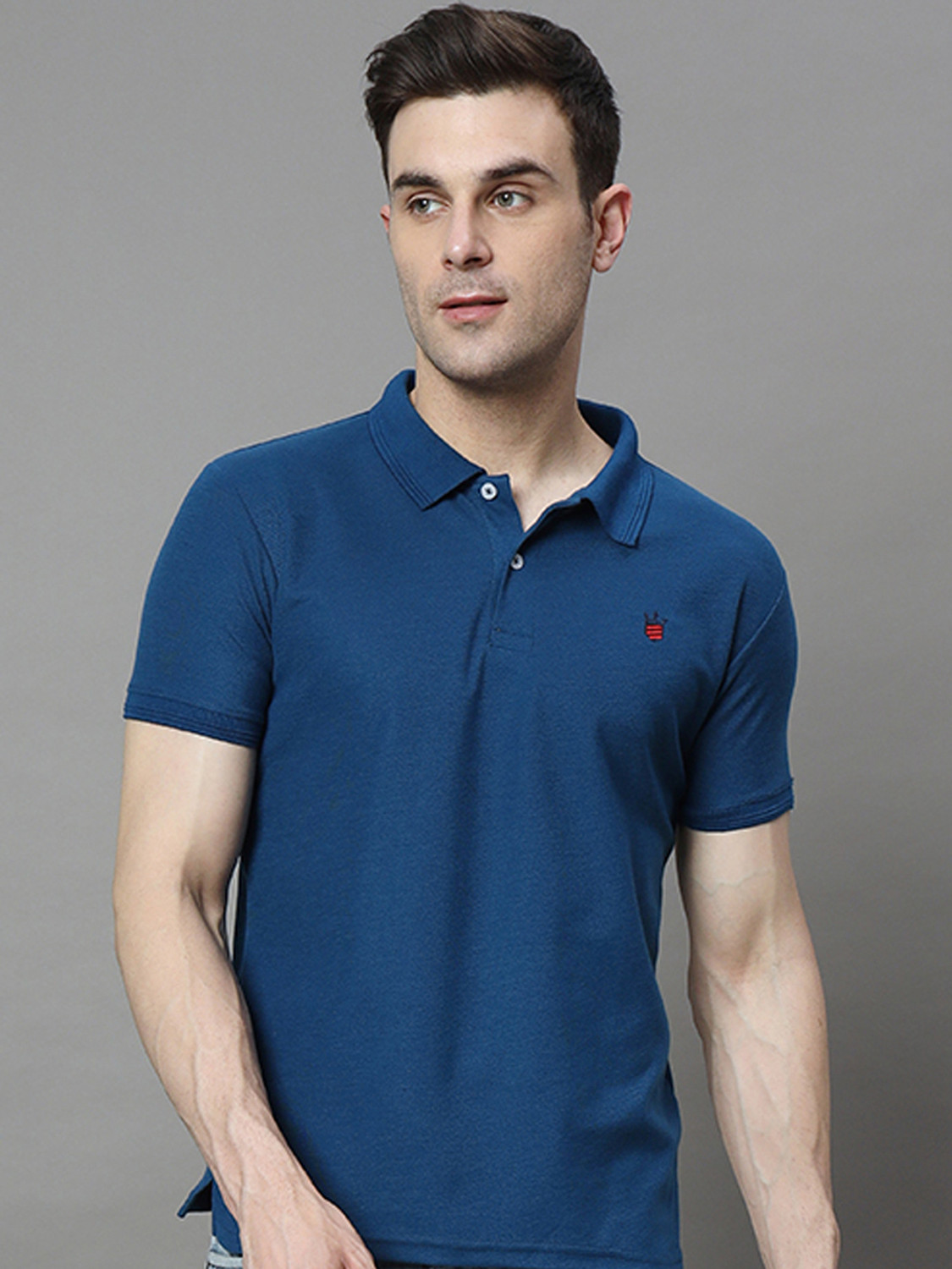 Image of RARHANPREMIUM Men Solid Polo Neck Cotton Blend Blue T-Shirt